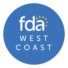 The image features two logos  on the left, a circular logo with the text  FDA  prominently displayed above a stylized depiction of a shield, and on the right, a blue background with the words  West Coast  in white capital letters.