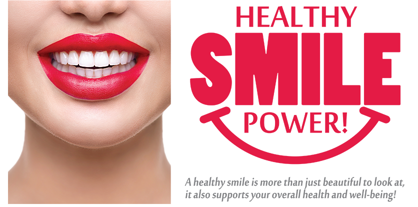 The image displays a graphic design with text and images. It features a woman s face with red lipstick prominently displayed, along with the text  HEALTHY SMILE POWER  in bold letters. Below the main image, there are two smaller images of lips, one on each side, with the phrase  SMILES ARE THE NEW HEALTHY  written above them. The overall style is promotional and likely related to dental health or cosmetic services.