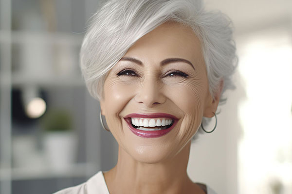 The image is a photograph featuring an older woman with short grey hair, wearing makeup, smiling broadly and looking directly at the camera. She has white teeth and appears to be indoors with a neutral background that includes a portion of a kitchen countertop.